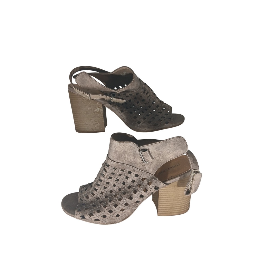 Maurice Jordan Block Heel Sandals 10M Taupe Gray Laser Cut Peep Toe Boho Western